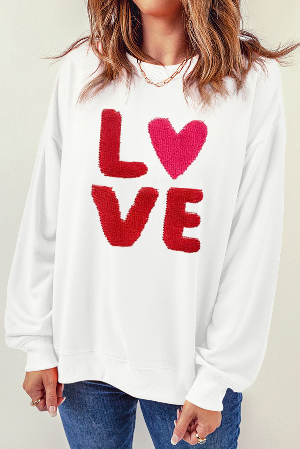 LOVE Embroidered Round Neck Dropped Shoulder Sweatshirt-Jewearrings