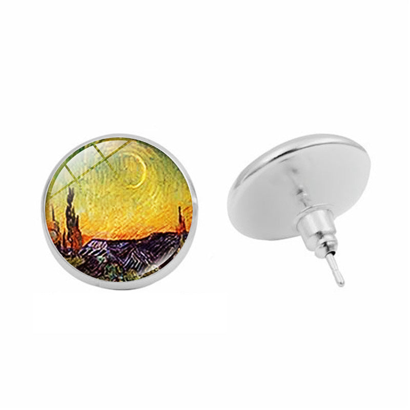 Van Gogh Starry Night Sunflower Time Stone Stud Earrings-Jewearrings