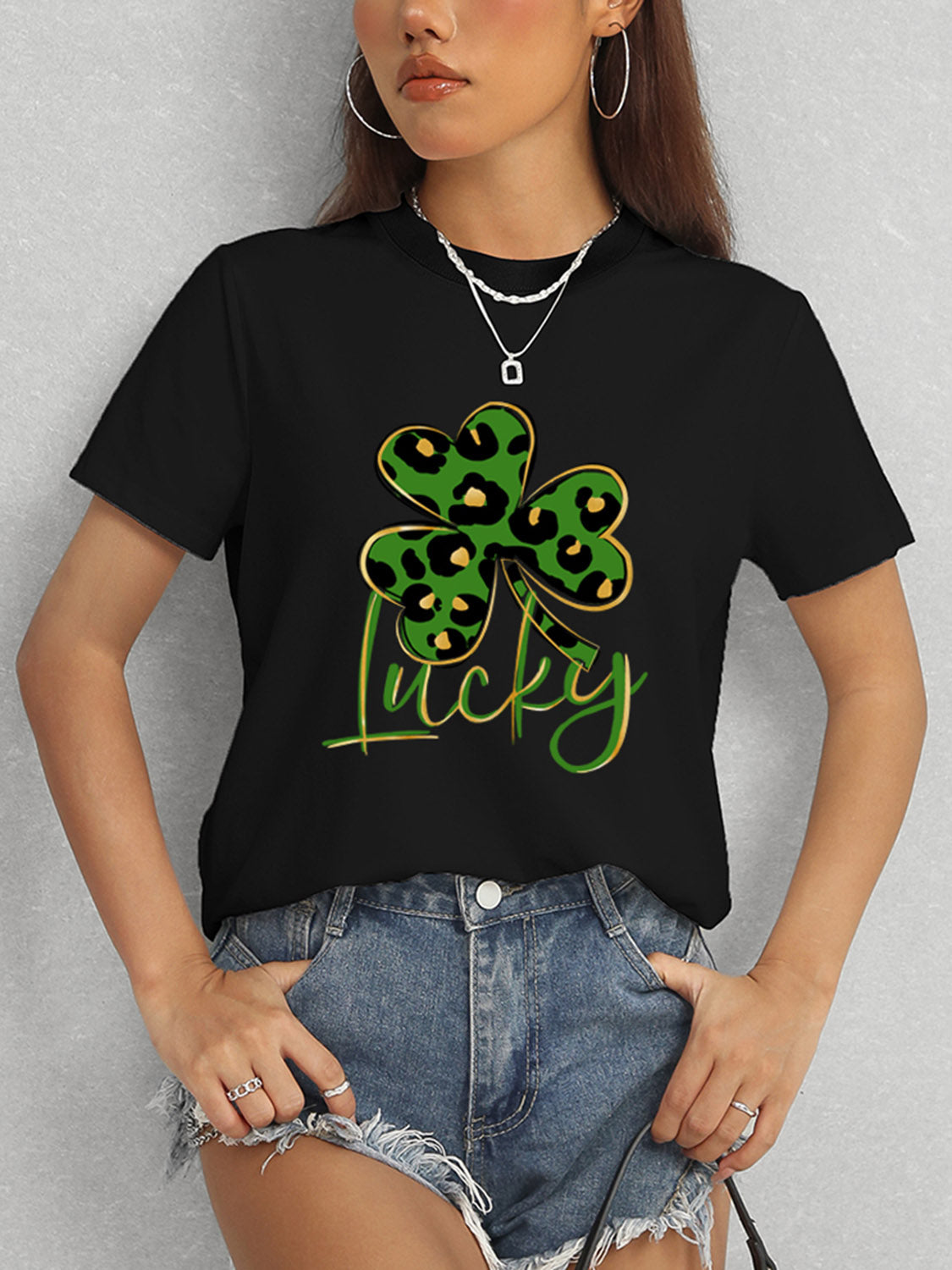 Lucky Clover Round Neck Short Sleeve T-Shirt-Jewearrings