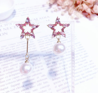 Pentagram Asymmetric Earrings Star Pearl Stud Earrings-Jewearrings