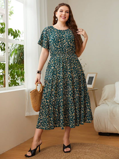 Plus Size Floral Round Neck Short Sleeve Midi Dress-Jewearrings