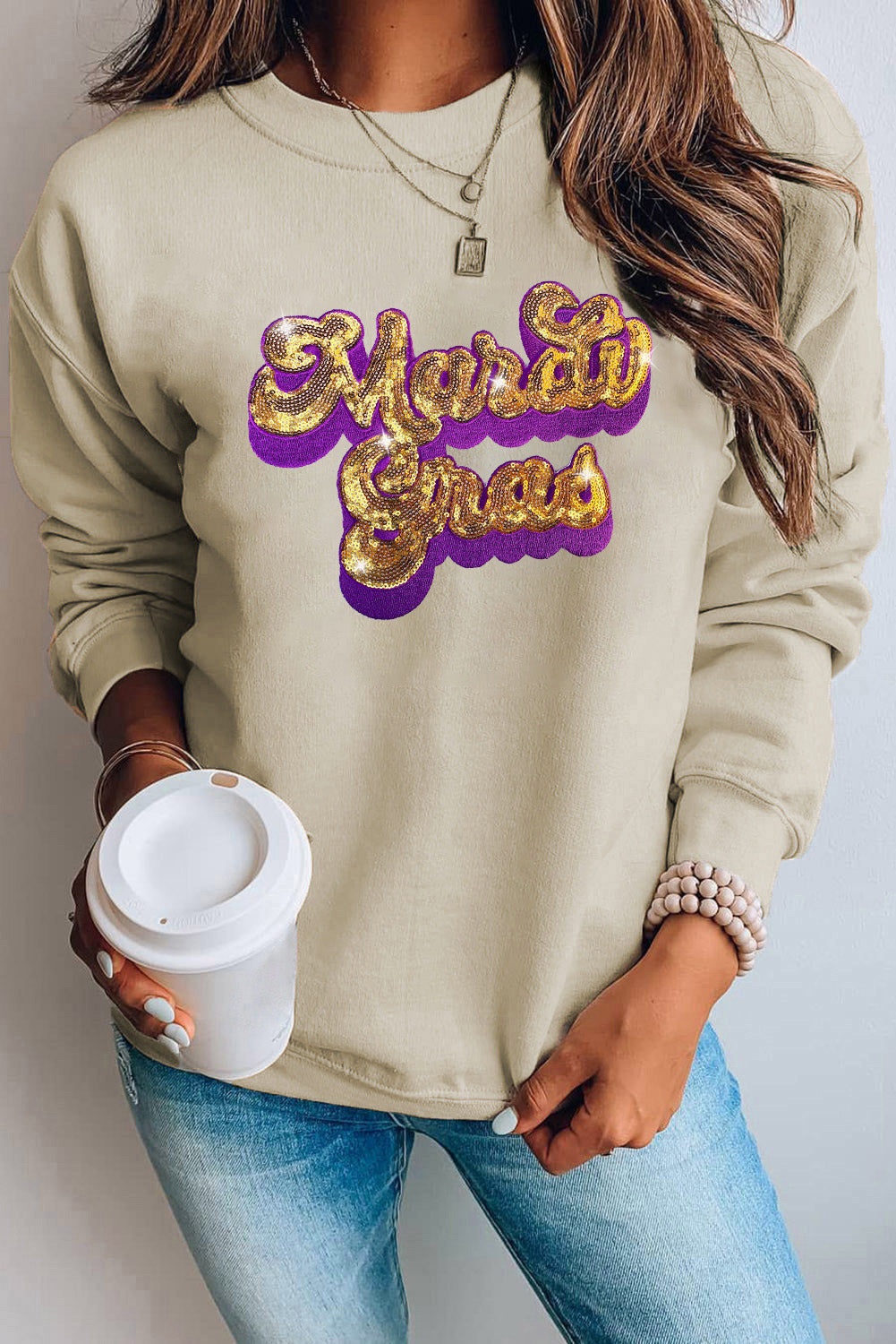 Letter Graphic Sequin Round Neck Sweatshirt-Jewearrings