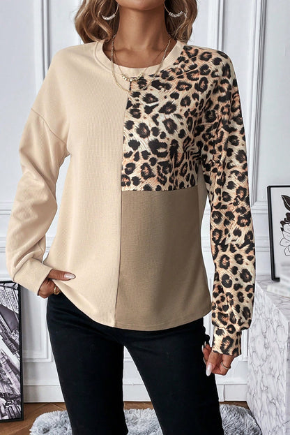 Leopard Waffle Knit Long Sleeve T-Shirt-Jewearrings