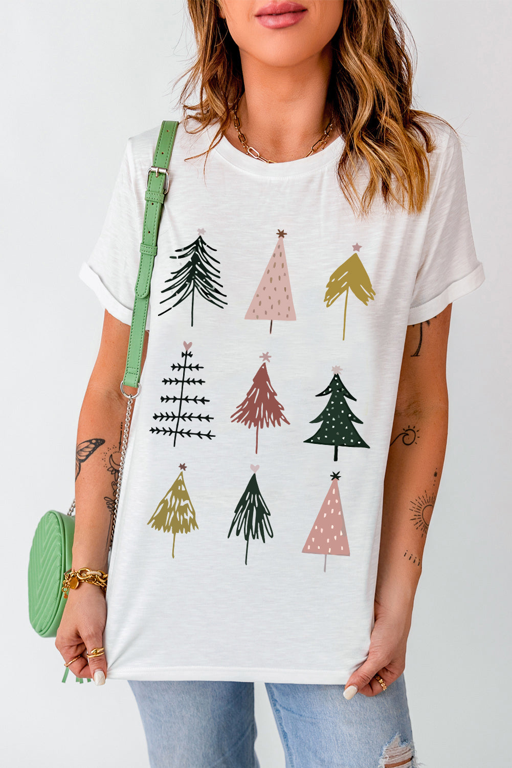 Chrismas Tree Graphic Short Sleeve T-Shirt-Jewearrings