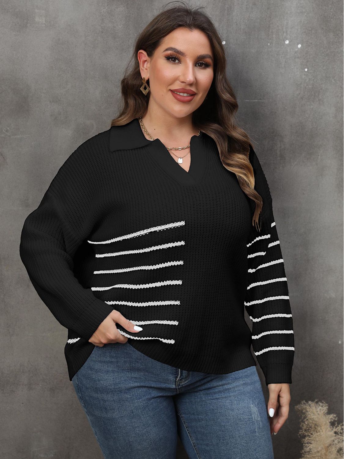 Plus Size Striped V-Neck Sweater-Jewearrings