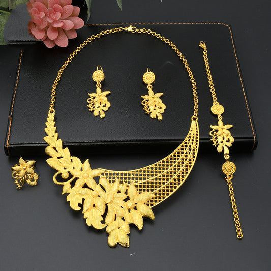 Women Gold Plated Necklace Earrings Ring Bracelet-Jewearrings