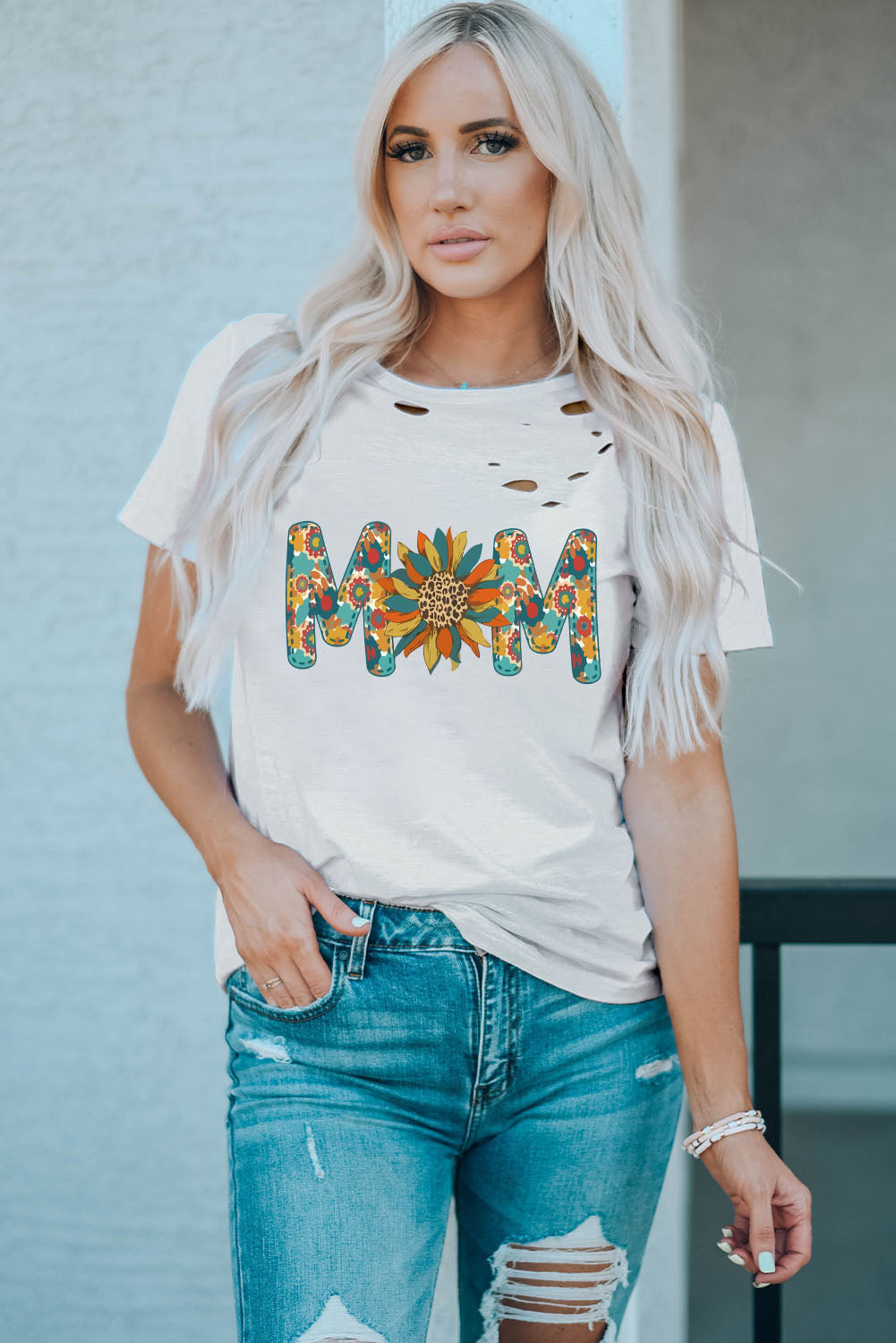 Letter Sunflower Graphic Distressed Tee-Jewearrings