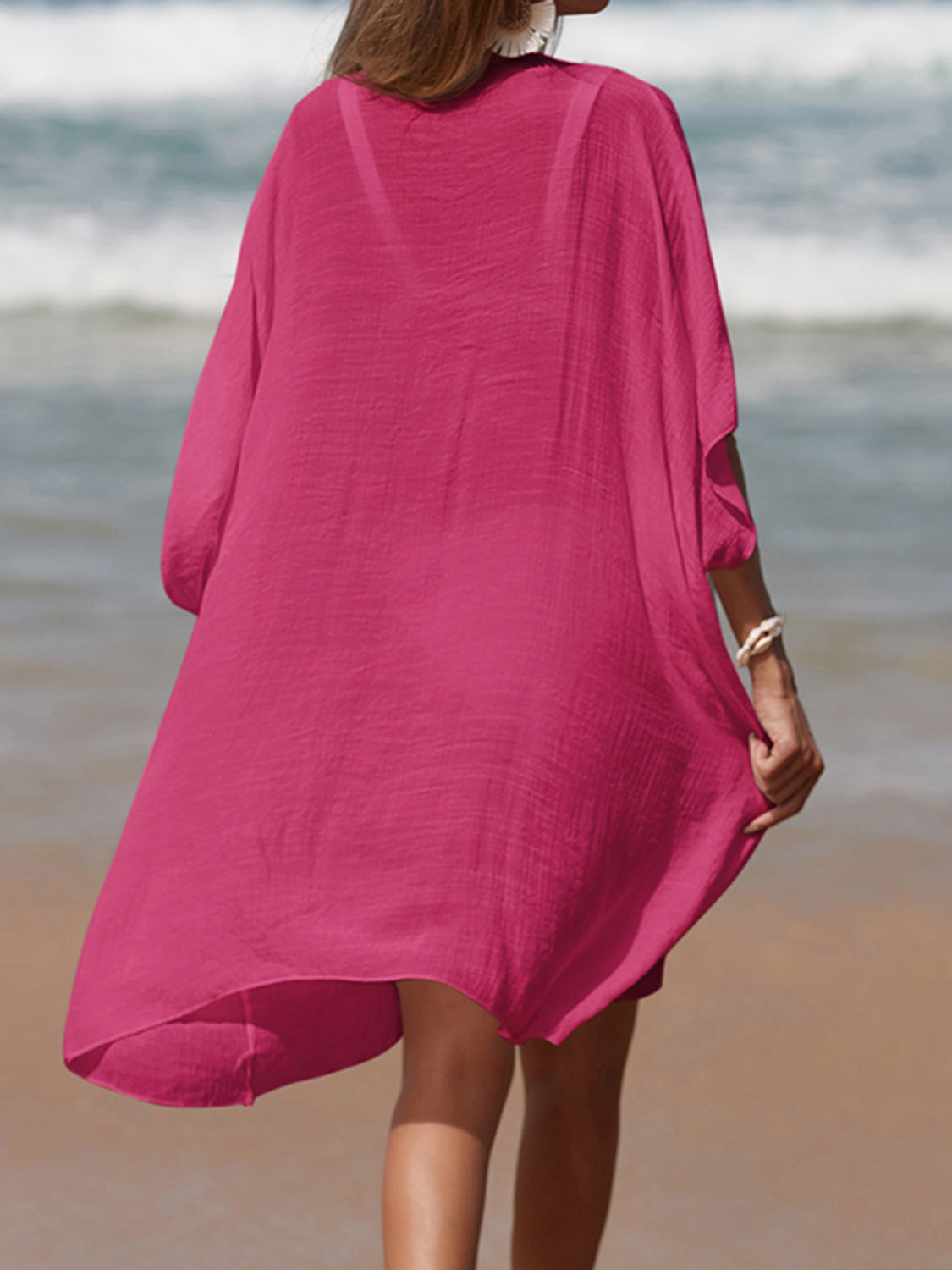 Cutout V-Neck Three-Quarter Sleeve Cover Up-Jewearrings