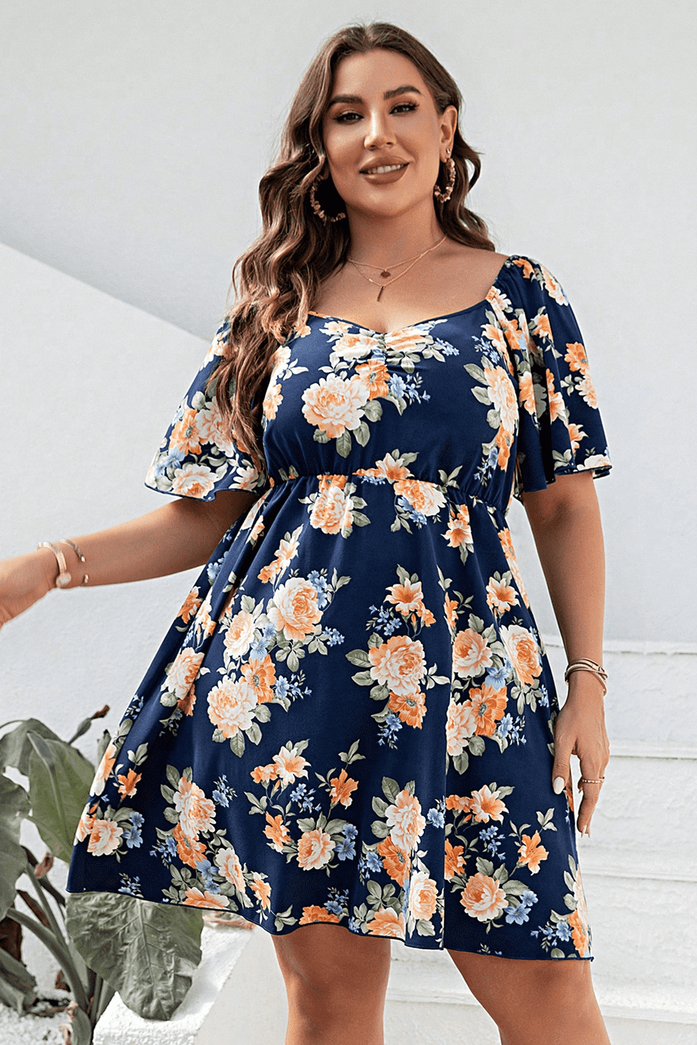 Plus Size Floral Print V-Neck Flutter Sleeve Mini Dress-Jewearrings