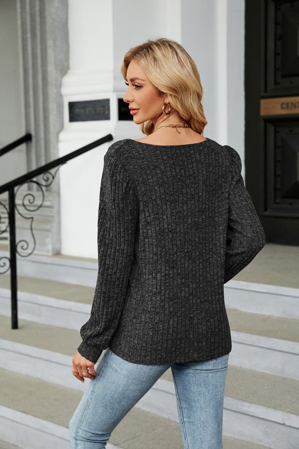 Ribbed Square Neck Long Sleeve T-Shirt-Jewearrings