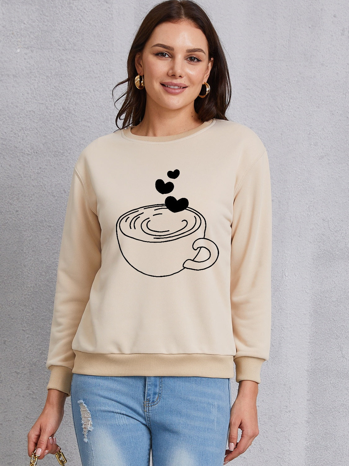 Cup Graphic Round Neck Dropped Shoulder Sweatshirt-Jewearrings