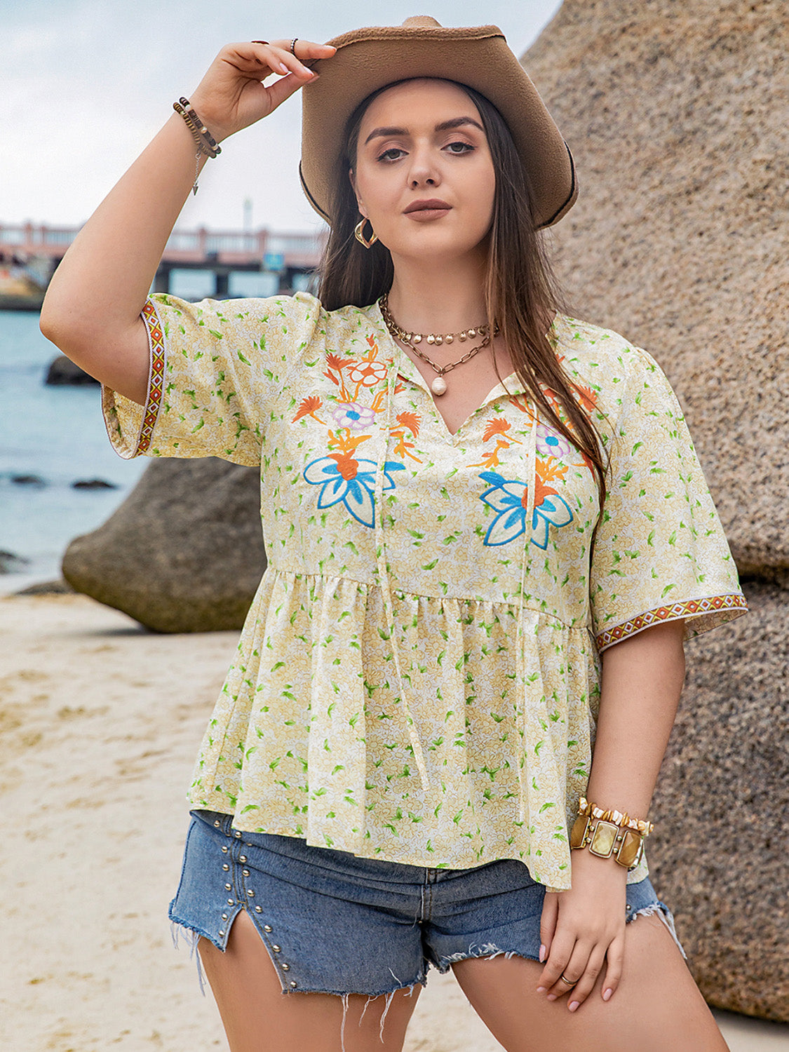 Plus Size Printed Tie Neck Half Sleeve Blouse-Jewearrings