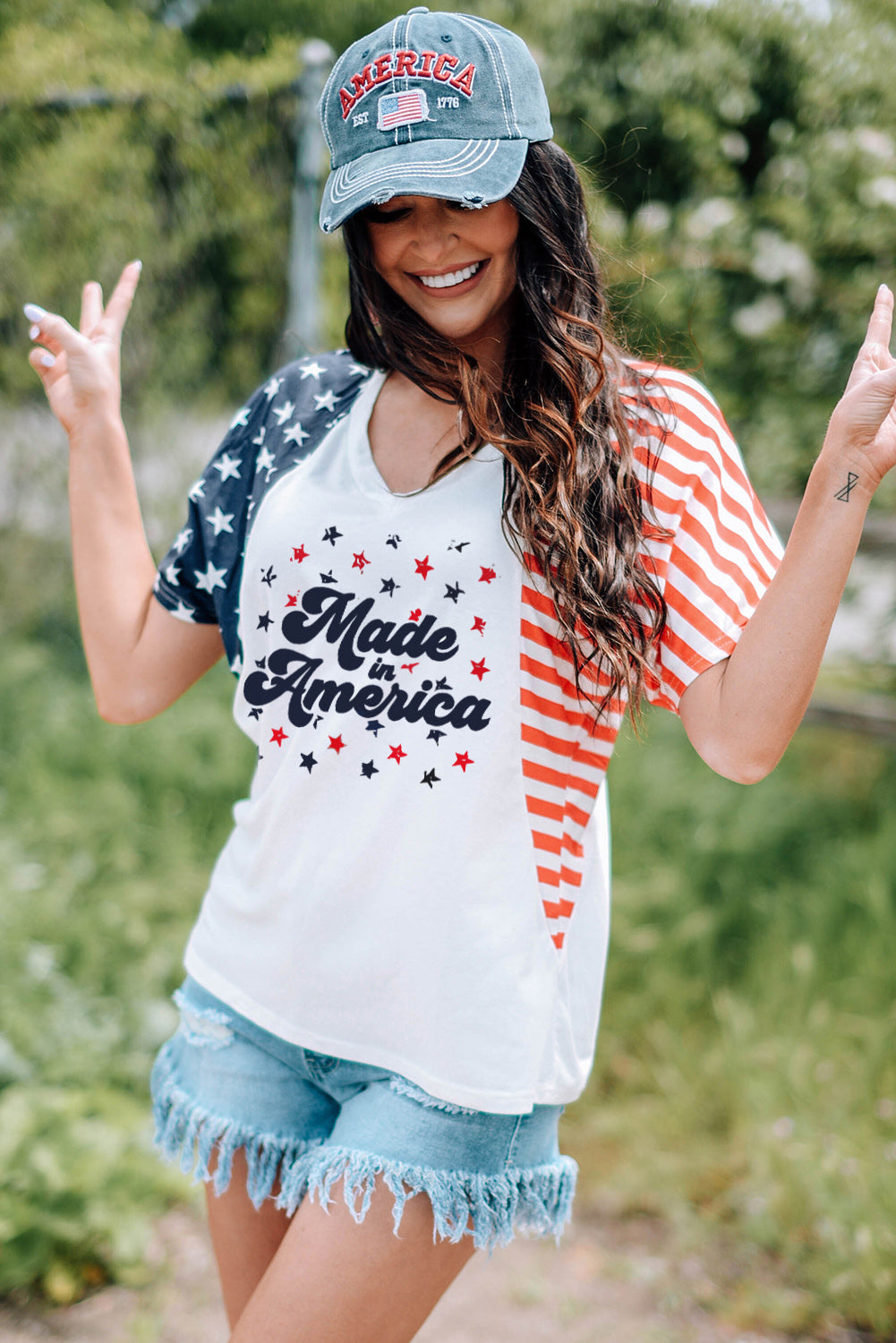 Stars and Stripes V-Neck Tee Shirt-Jewearrings