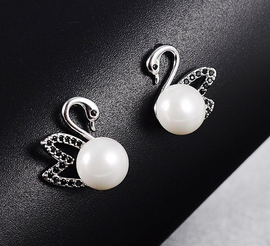 Super Flash Swan Stud Earrings Female 925 Sterling Silver-Jewearrings