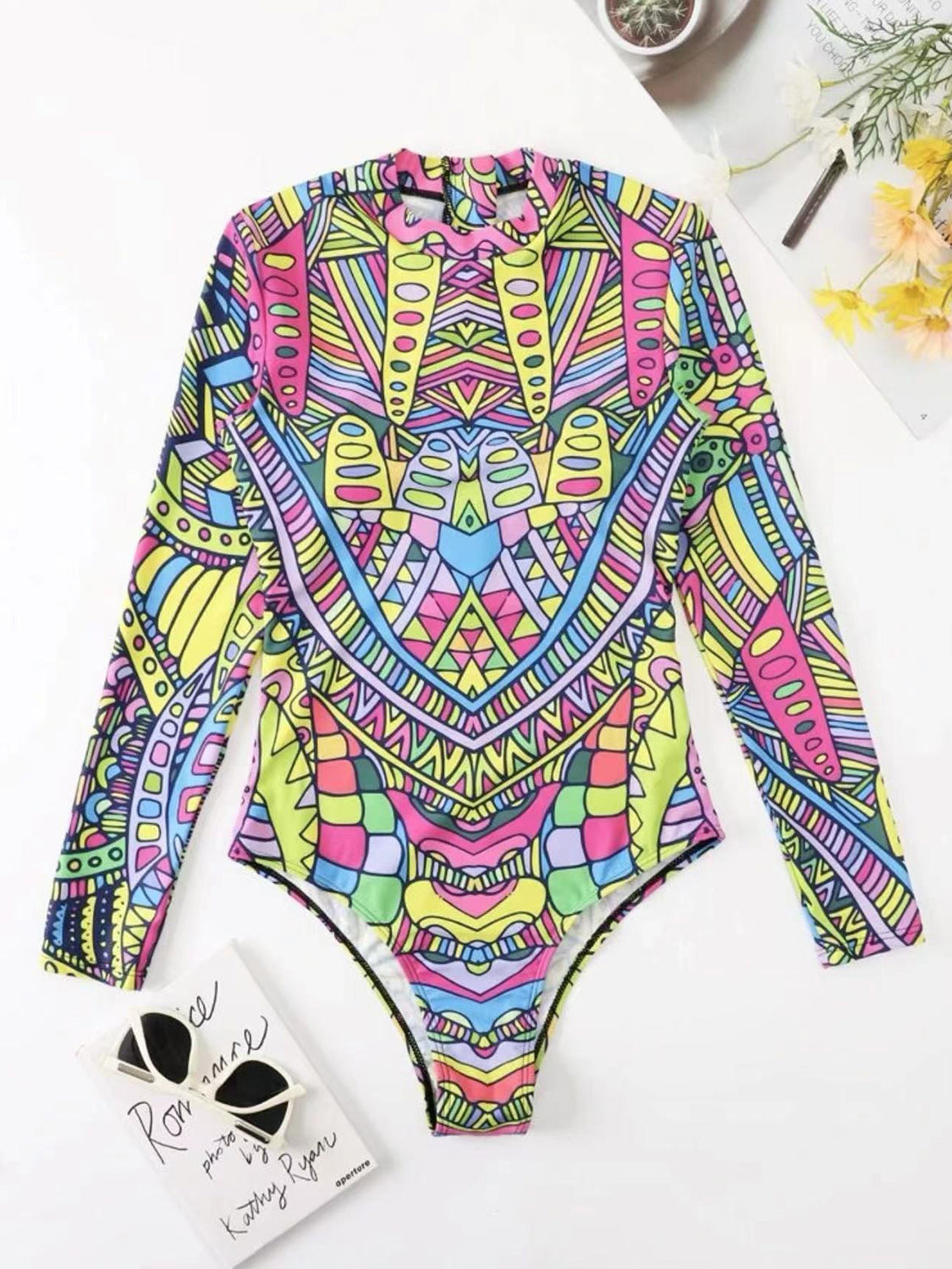 Mock Neck Long Sleeve One-Piece Swimwear-Jewearrings