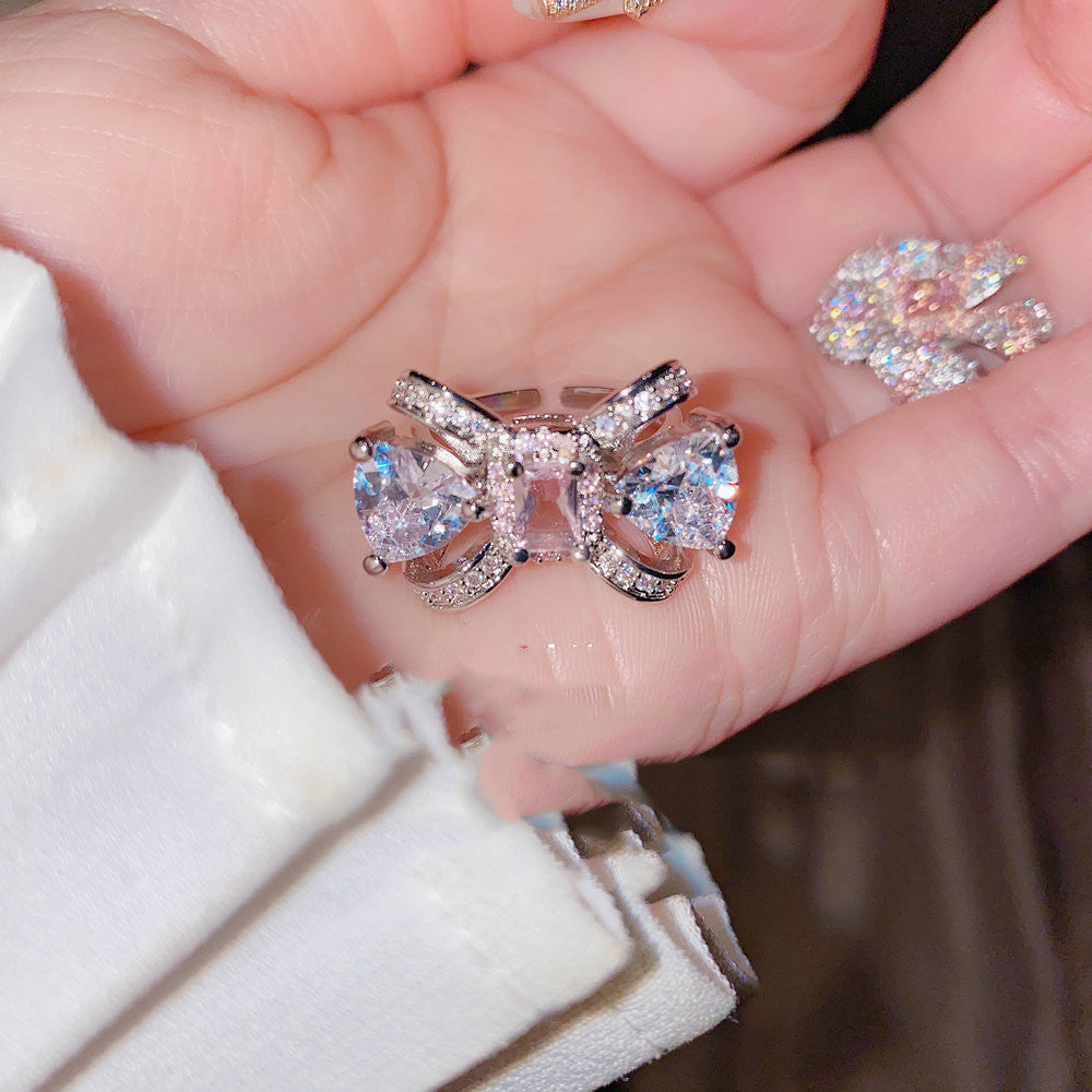 Gentle peach blossom drop zircon bow earrings-Jewearrings