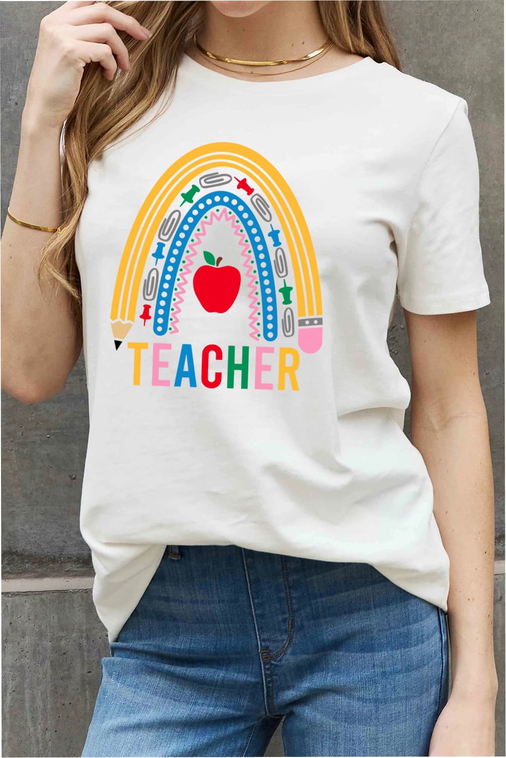 Simply Love Full Size TEACHER Rainbow Graphic Cotton Tee-Jewearrings