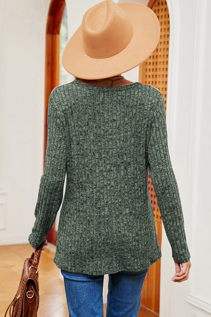 Eyelet Ribbed Round Neck Long Sleeve T-Shirt-Jewearrings