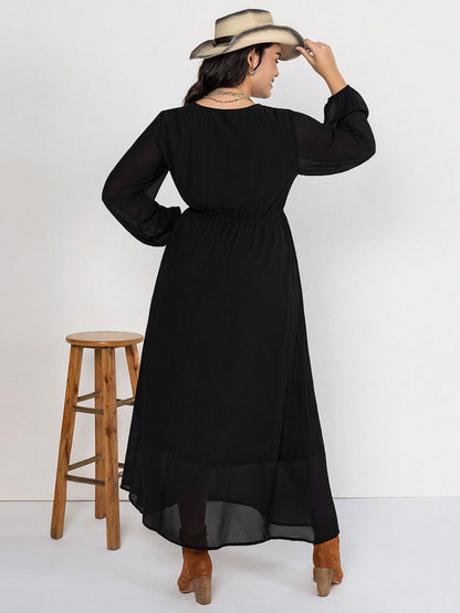 Plus Size Embroidered Tie Neck Long Sleeve Dress-Jewearrings