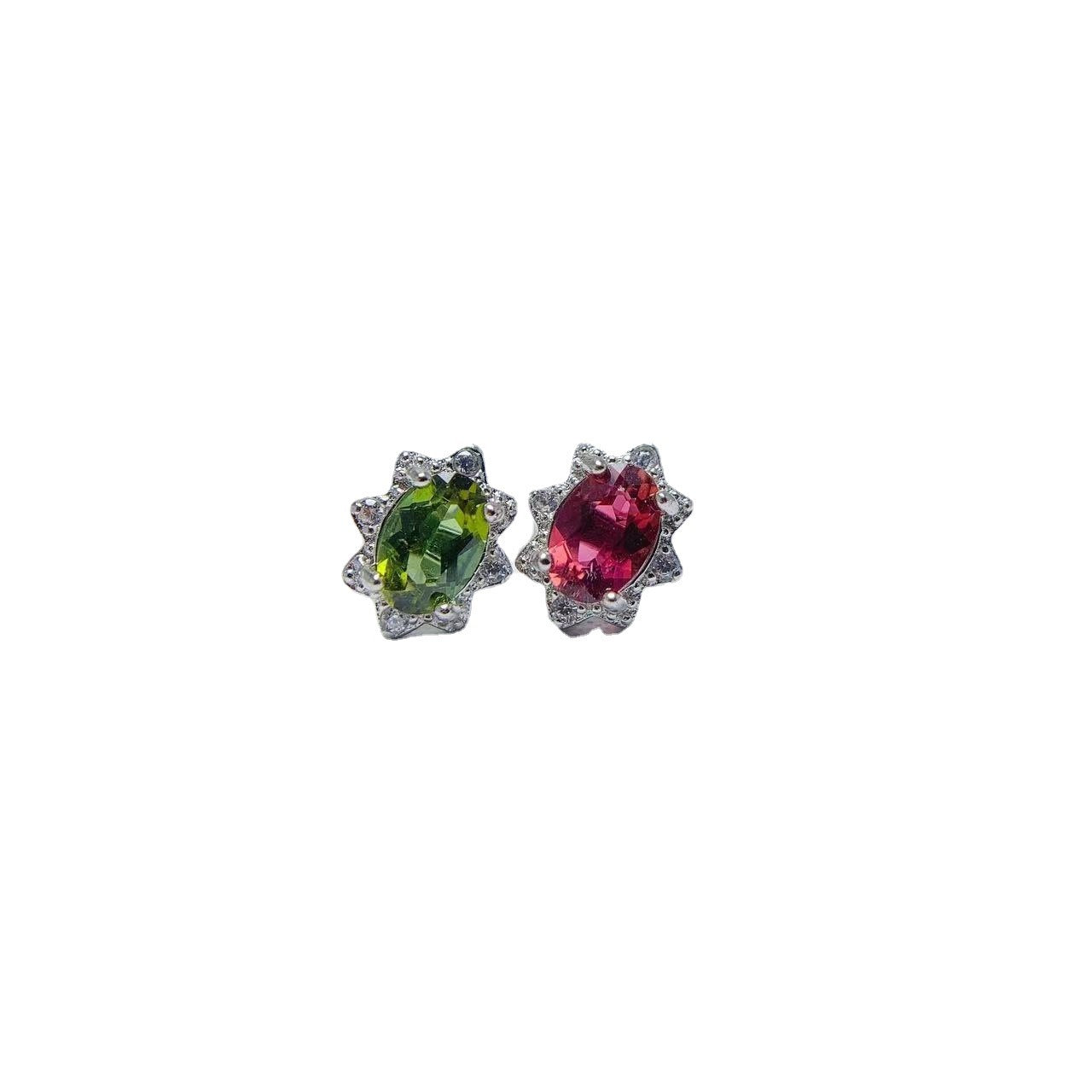 Natural Tourmaline Stud Earrings 925 Silver Delicate Mosaic Women Colored Gems-Jewearrings