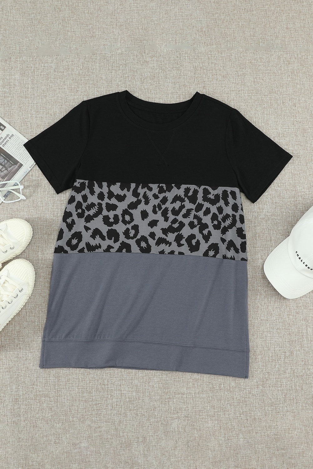 Leopard Print Color Block Short Sleeve T-Shirt-Jewearrings