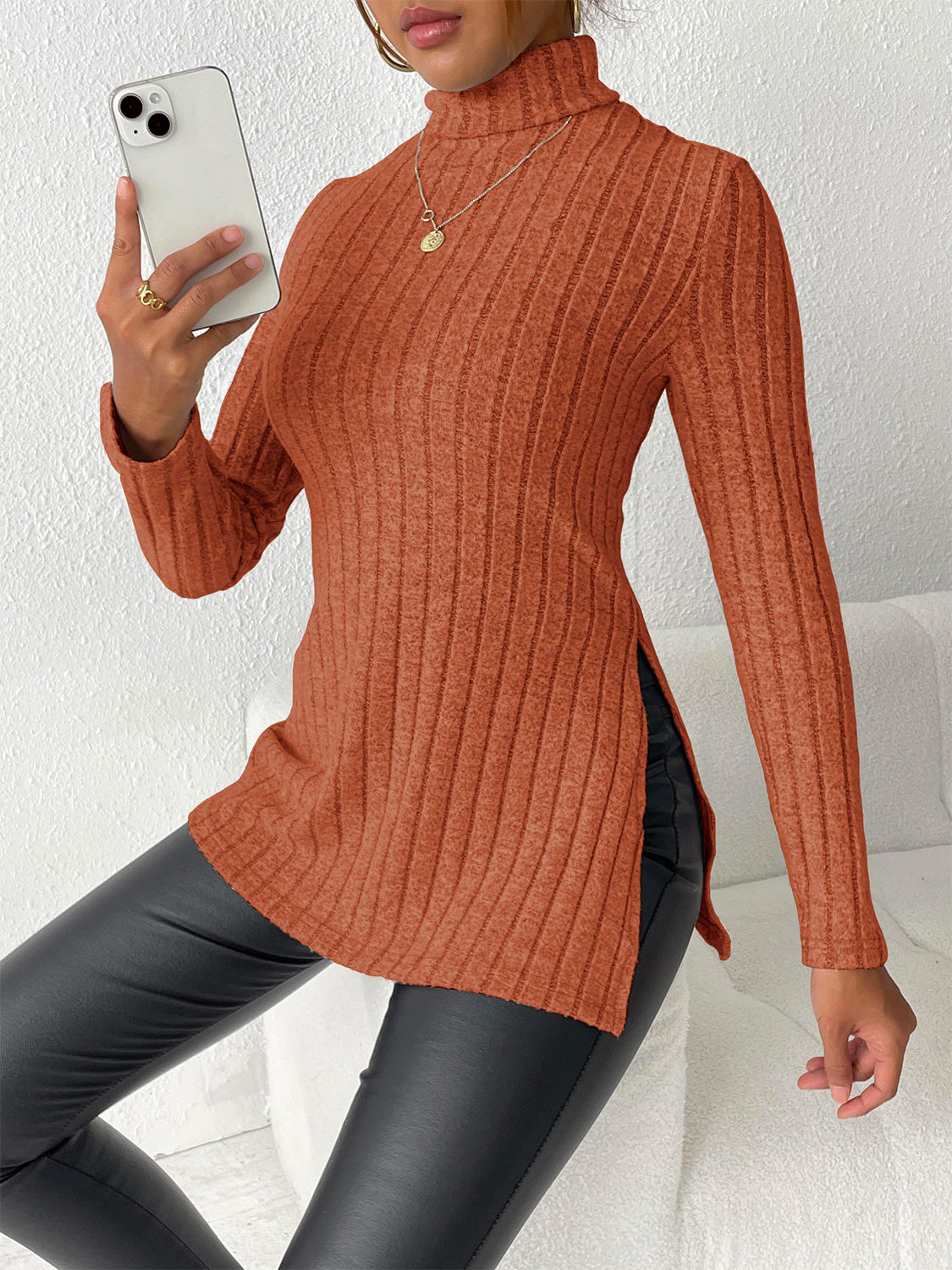 Ribbed Turtleneck Long Sleeve Slit T-Shirt-Jewearrings