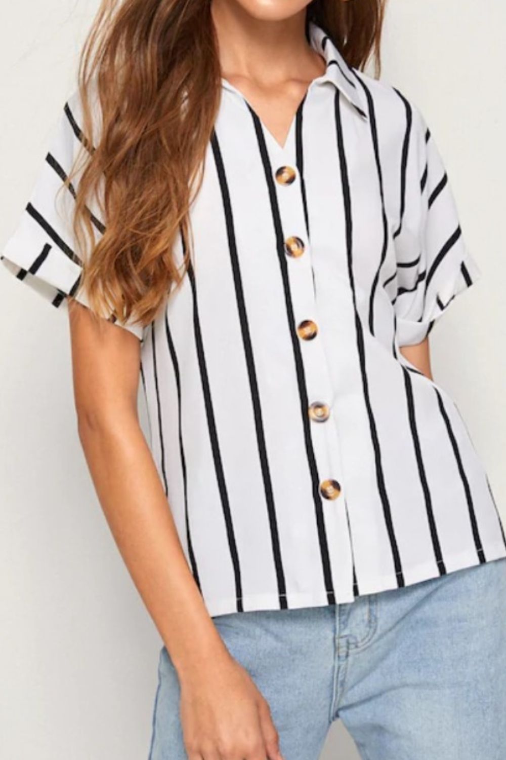 Striped Button Up Short Sleeve Shirt-Jewearrings