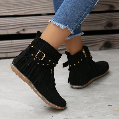 Studded Fringe Round Toe Boots-Jewearrings