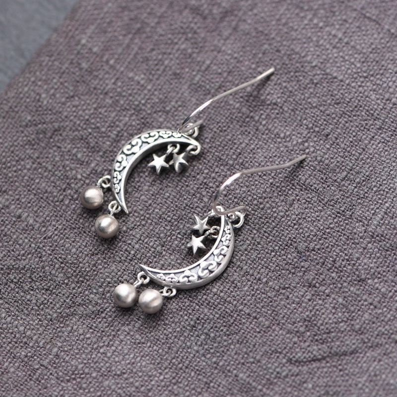 S925 Silver Retro Fashion Artistic Temperament Silver Bead Fringe Earrings Star Crescent Pendant-Jewearrings