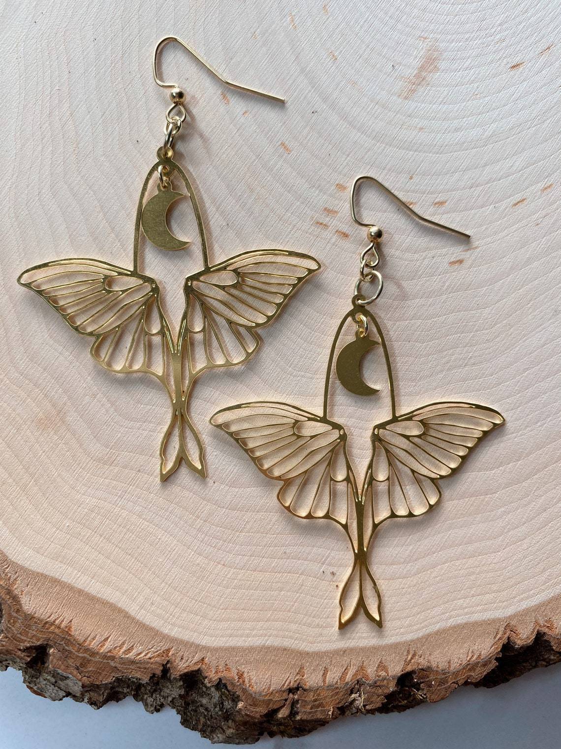 Gold Moth Earrings Laser Cut Brass Charm Clip On-Jewearrings