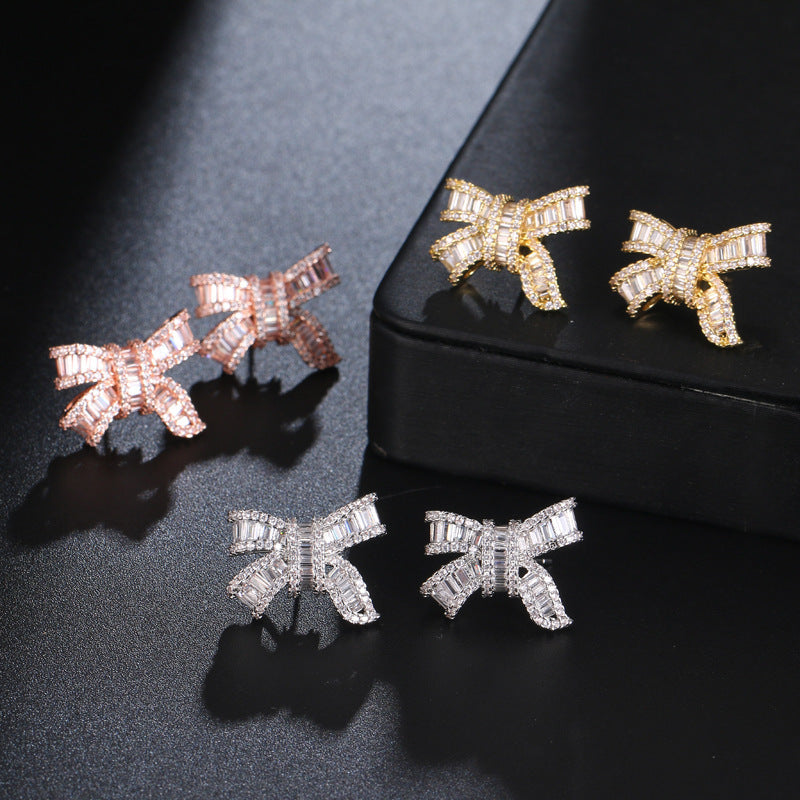 Temperament Bow Knot Zircon Earrings Female Beautiful-Jewearrings