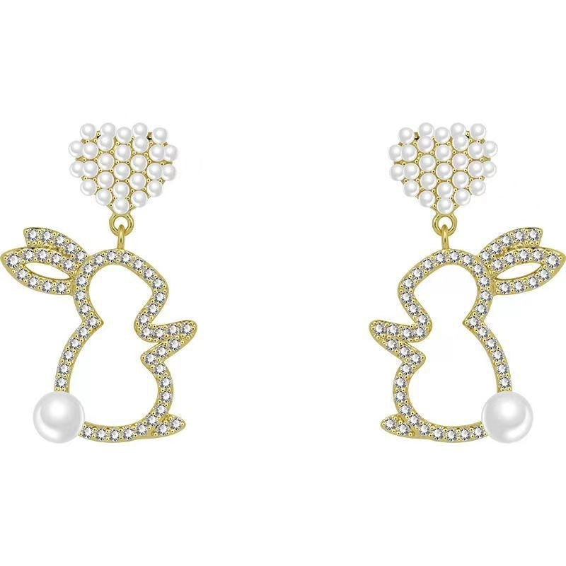 Pearl Bunny Earrings For Women Silver Pin Earrings-Jewearrings