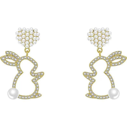 Pearl Bunny Earrings For Women Silver Pin Earrings-Jewearrings