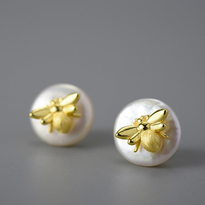 S925 Silver Pearl Bee Women's Earrings-Jewearrings