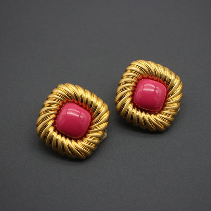 Vintage Ear Clip Rare Niche Marking Rose Red Square Earrings-Jewearrings