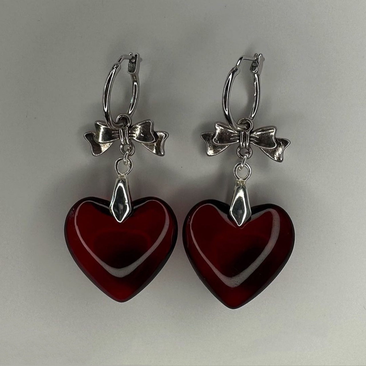 Dark Bow Love Heart Earrings Female Net Red Style-Jewearrings