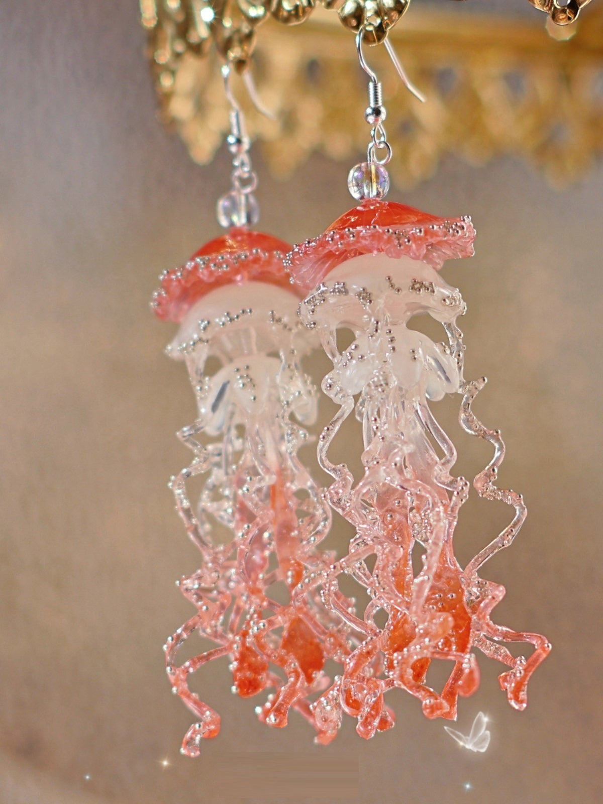 Red Jellyfish Earrings Girl's Ear Clip Exaggerated Three-dimensional Accessories-Jewearrings