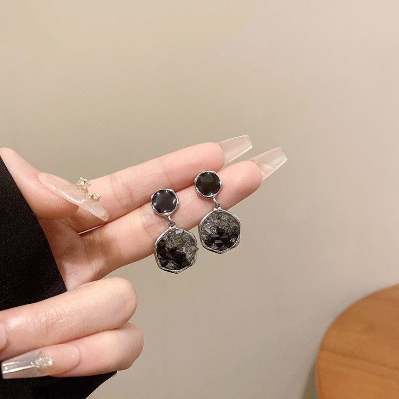 Sterling Silver Needle Irregular Black Crystal Earrings-Jewearrings