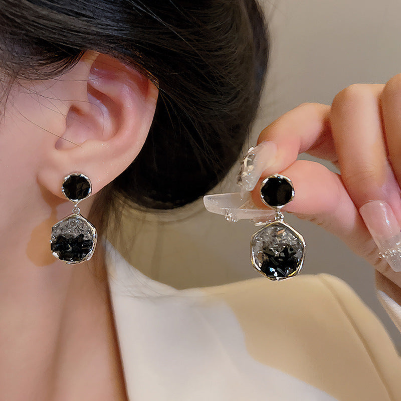 Sterling Silver Needle Irregular Black Crystal Earrings-Jewearrings