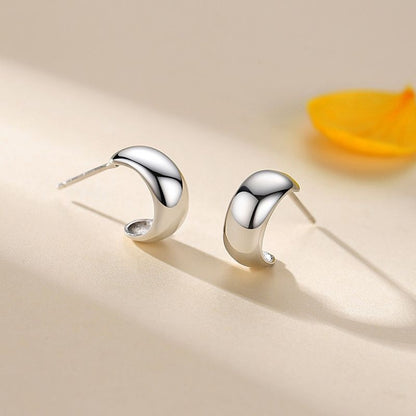 S925 Sterling Silver Glossy C- Shaped Stud Earrings For Women Japanese And Korean Simple Earrings-Jewearrings