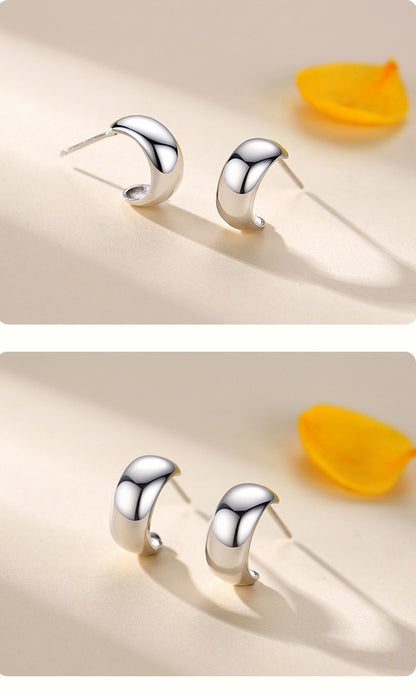 S925 Sterling Silver Glossy C- Shaped Stud Earrings For Women Japanese And Korean Simple Earrings-Jewearrings