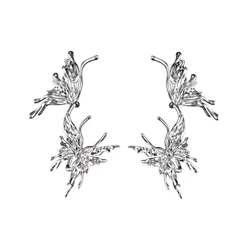 Silver Liquid Butterfly Integrated Stud Earrings Ear Clip-Jewearrings