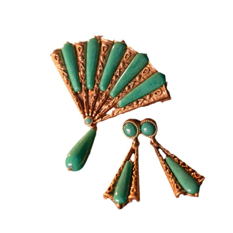 Medieval Retro Grandmother Green Stone Fan-shaped Brooch 925 Stud Earrings Suit-Jewearrings