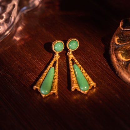 Medieval Retro Grandmother Green Stone Fan-shaped Brooch 925 Stud Earrings Suit-Jewearrings