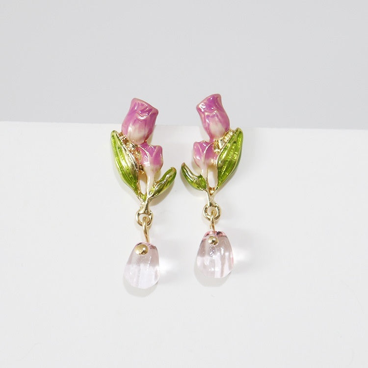 Enamel Dripping Tulip Sterling Silver Needle Earrings-Jewearrings