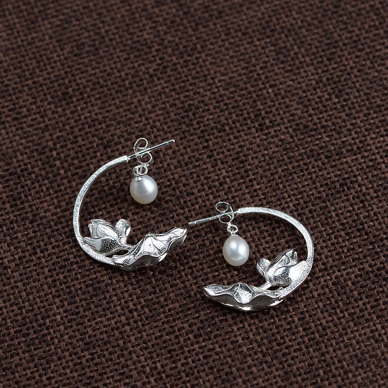 S925 Silver Brushed Lotus Pearl Earrings-Jewearrings