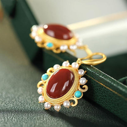 Jade Egg Noodle Pearl Southern Red Turquoise Palace Luxury Royal Sister Cold Wind Earrings-Jewearrings