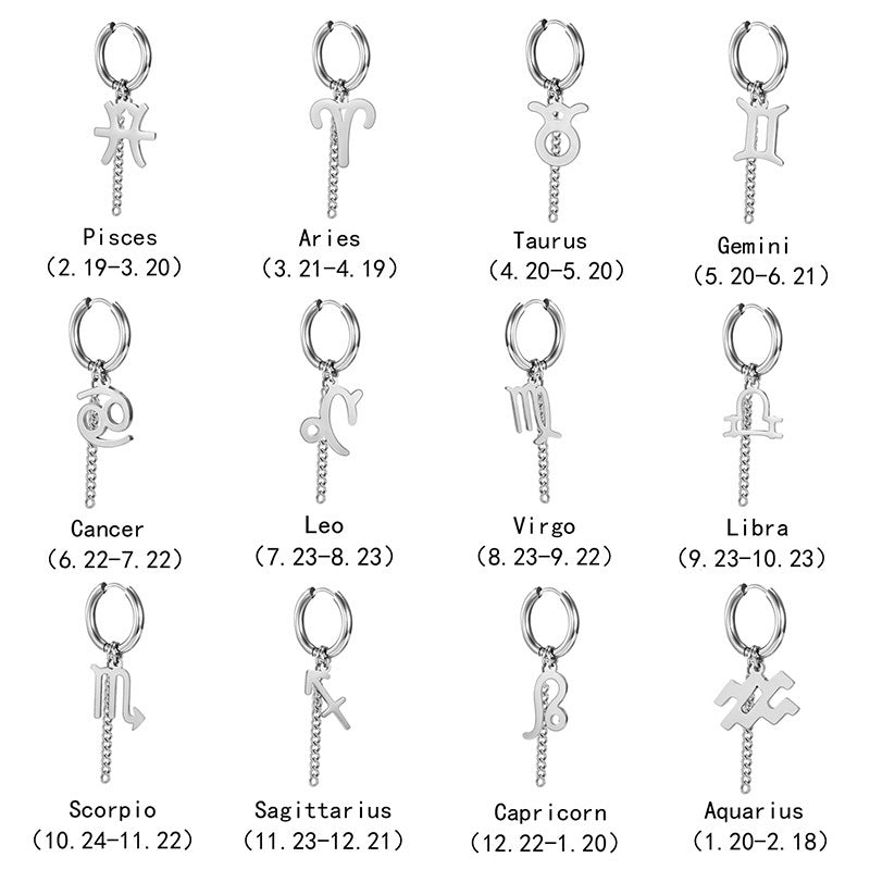 Hip Hop Zodiac Sign Link Chain Tassel Dangle Earrings For Men Women Constellation Jewelry-Jewearrings