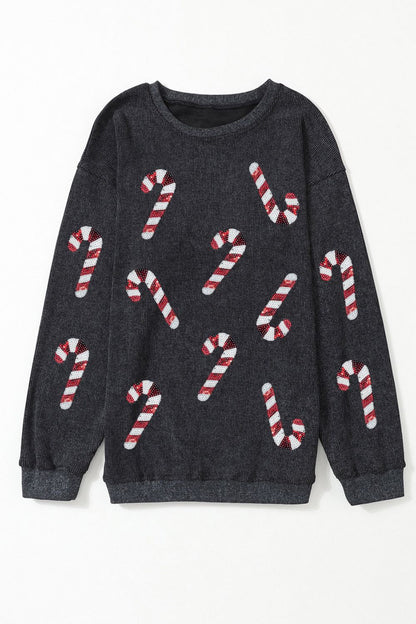 Sequin Candy Cane Round Neck Sweatshirt-Jewearrings