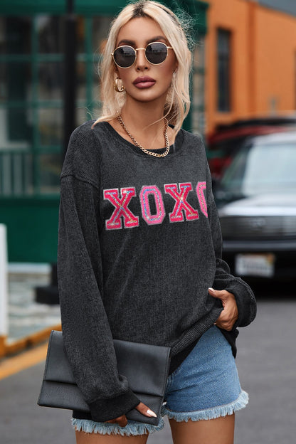 XOXO Round Neck Dropped Shoulder Sweatshirt-Jewearrings